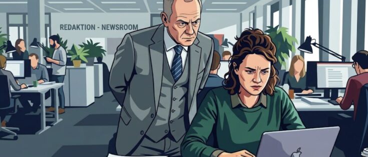 Ein Mann in Anzug steht hinter einer Frau am Laptop in einem modernen Büro, während andere Mitarbeiter arbeiten.