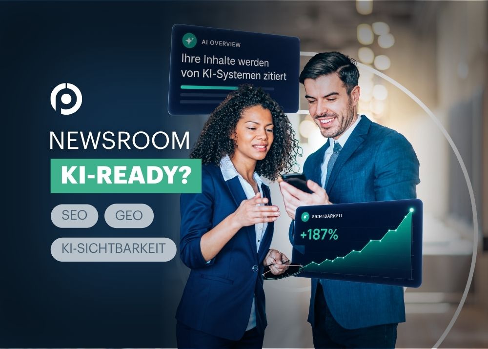 Zwei Personen in einem modernen Büro schauen auf ein Smartphone, umgeben von Grafiken zu SEO und KI-Sichtbarkeit.