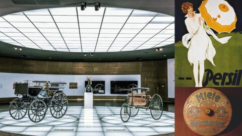 Historische Fahrzeuge von Mercedes, Persil-Werbung und Miele-Claim.
