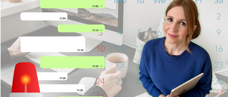 Frau mit Tablet in blauer Kleidung, neben Chatverlauf und Kalender, mit rotem Alarmlicht im Vordergrund.