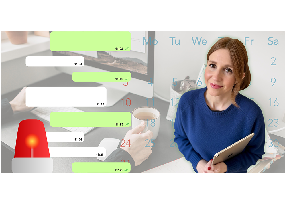 Frau mit Tablet in blauer Kleidung, neben Chatverlauf und Kalender, mit rotem Alarmlicht im Vordergrund.