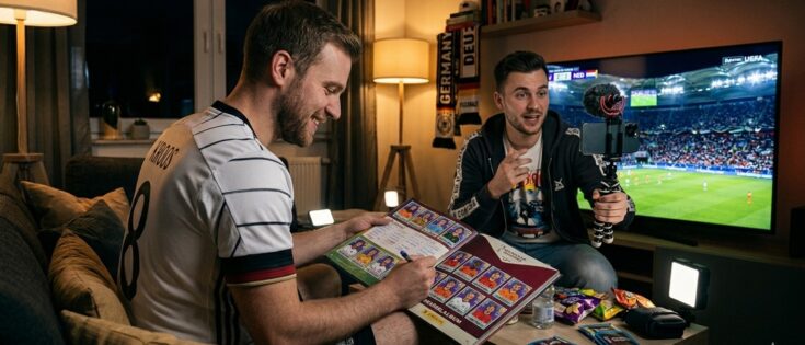 Zwei Männer sitzen auf einem Sofa, einer hält ein Buch mit Fußballstickern, der andere filmt mit einem Stativ.