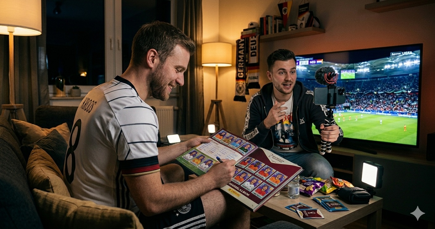 So könnte es aussehen in den Wohnzimmern während der WM: Während nachts die Spiele laufen, wird ordentlich Content produziert. © Mit KI erstelltes Symbolbild.