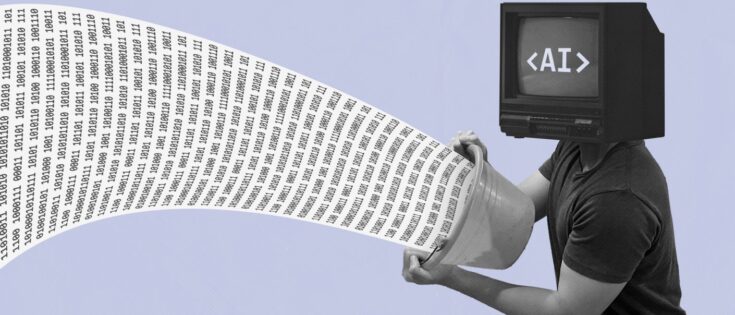 Person mit Monitorkopf, der binären Code aus einem Bildschirm ausgibt, vor einem grauen Hintergrund.