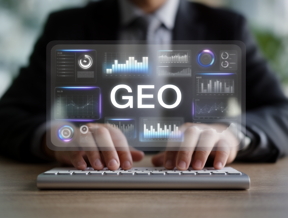 Mann in Anzug tippt auf einer Tastatur, während Grafiken und das Wort "GEO" auf einem transparenten Bildschirm angezeigt ...