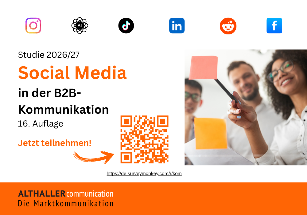 Grafik zur Studie 2026/27 über Social Media in der B2B-Kommunikation mit QR-Code und Icons von sozialen Netzwerken.