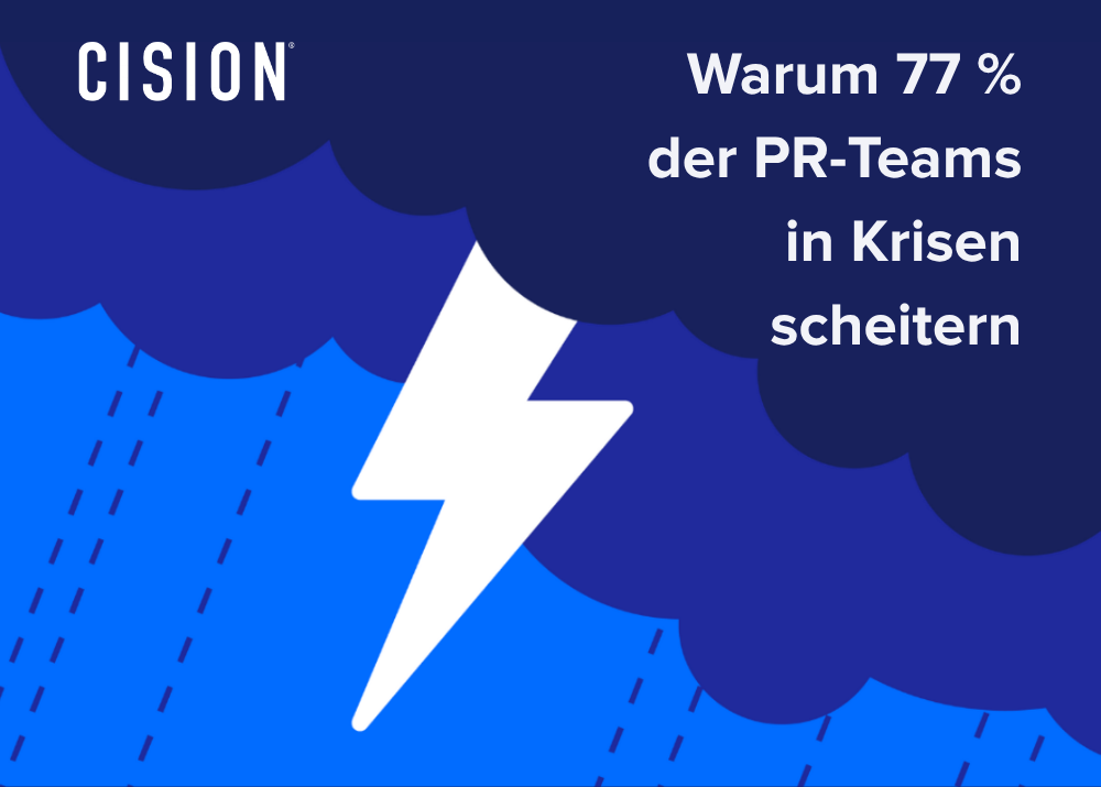 Dunkle Wolken mit Blitz über blauem Hintergrund, Text: "Warum 77 % der PR-Teams in Krisen scheitern". Cision-Logo oben li...