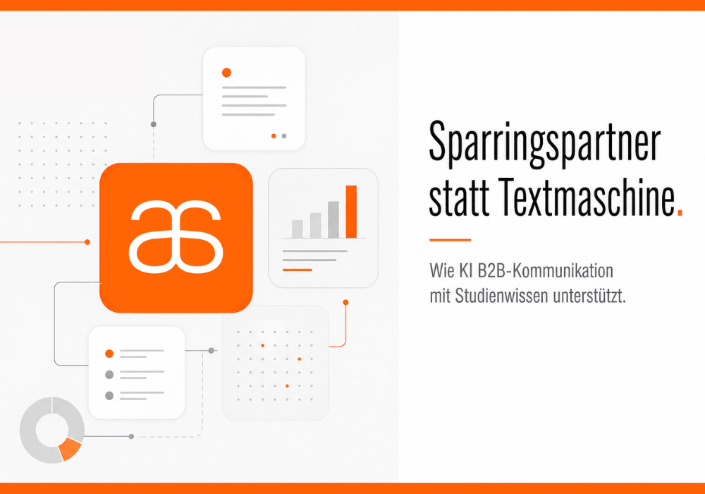 Grafik mit orangefarbenem Logo „as“, Diagrammen und Text über KI-gestützte B2B-Kommunikation.