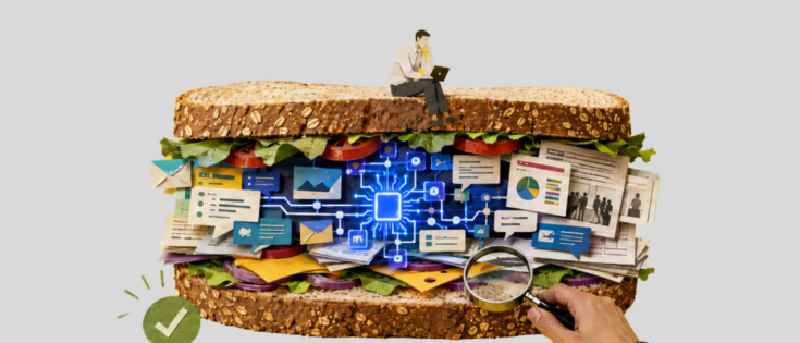 Künstlerische Collage von einem Menschen, der auf einem übergroßen Sandwich sitzt. Zwischen den Brotscheiben sind eine Vielzahl von Dokumenten mit Grafiken sowie digitale Icons zu sehen. Eine menschliche Hand mit Lupe ragt in das Sandwich hinein.