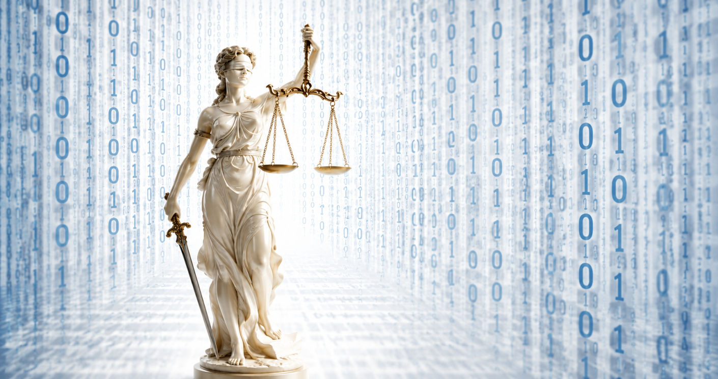 Skulptur der Justitia mit Waage und Schwert, umgeben von einem Hintergrund aus binären Zahlen.