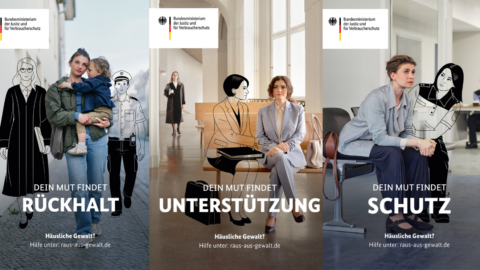 Drei Plakate zur Kampagne gegen häusliche Gewalt: Rückhalt, Unterstützung und Schutz, mit Illustrationen und Fotos.