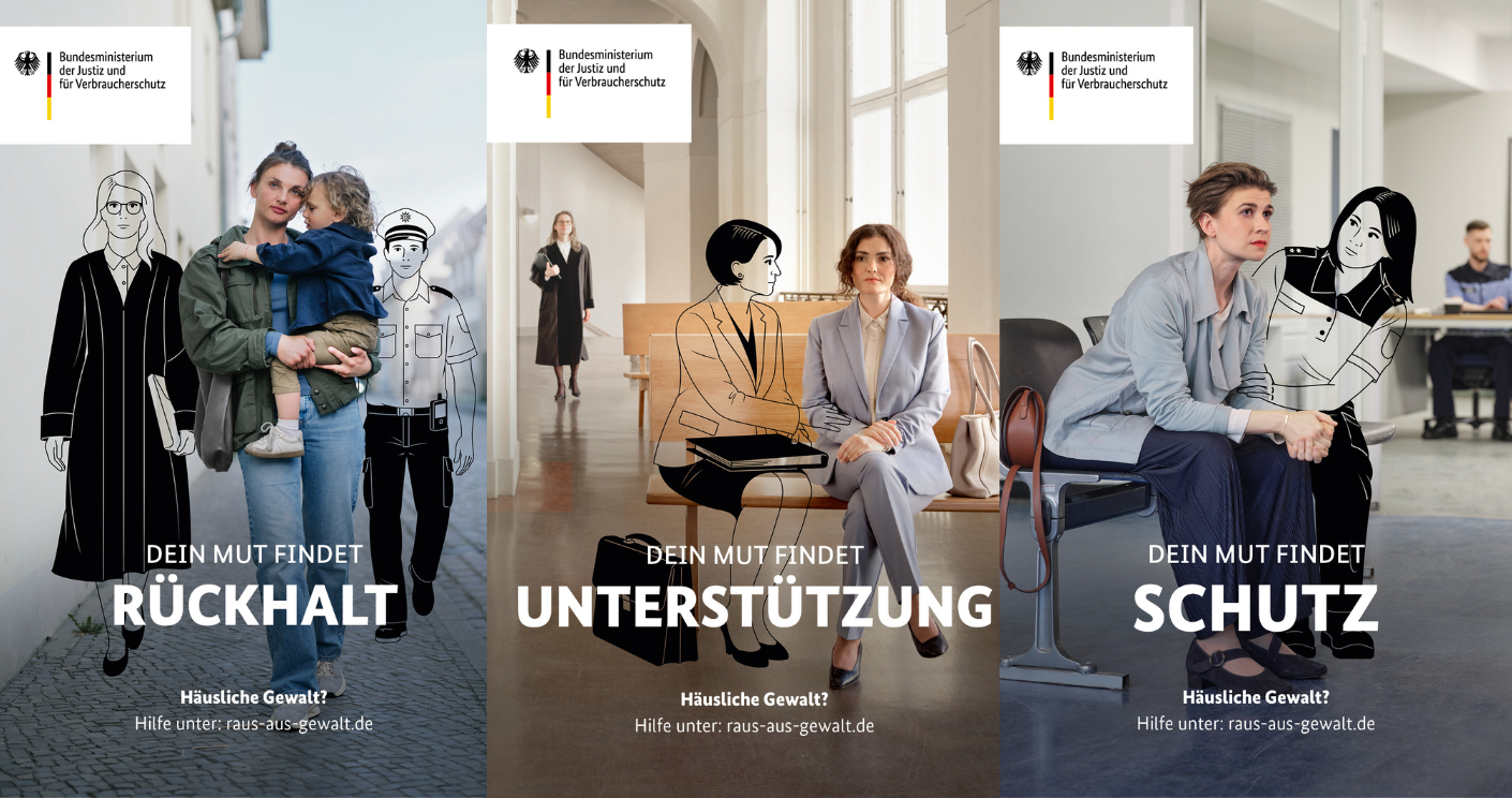 Drei Plakate zur Kampagne gegen häusliche Gewalt: Rückhalt, Unterstützung und Schutz, mit Illustrationen und Fotos.