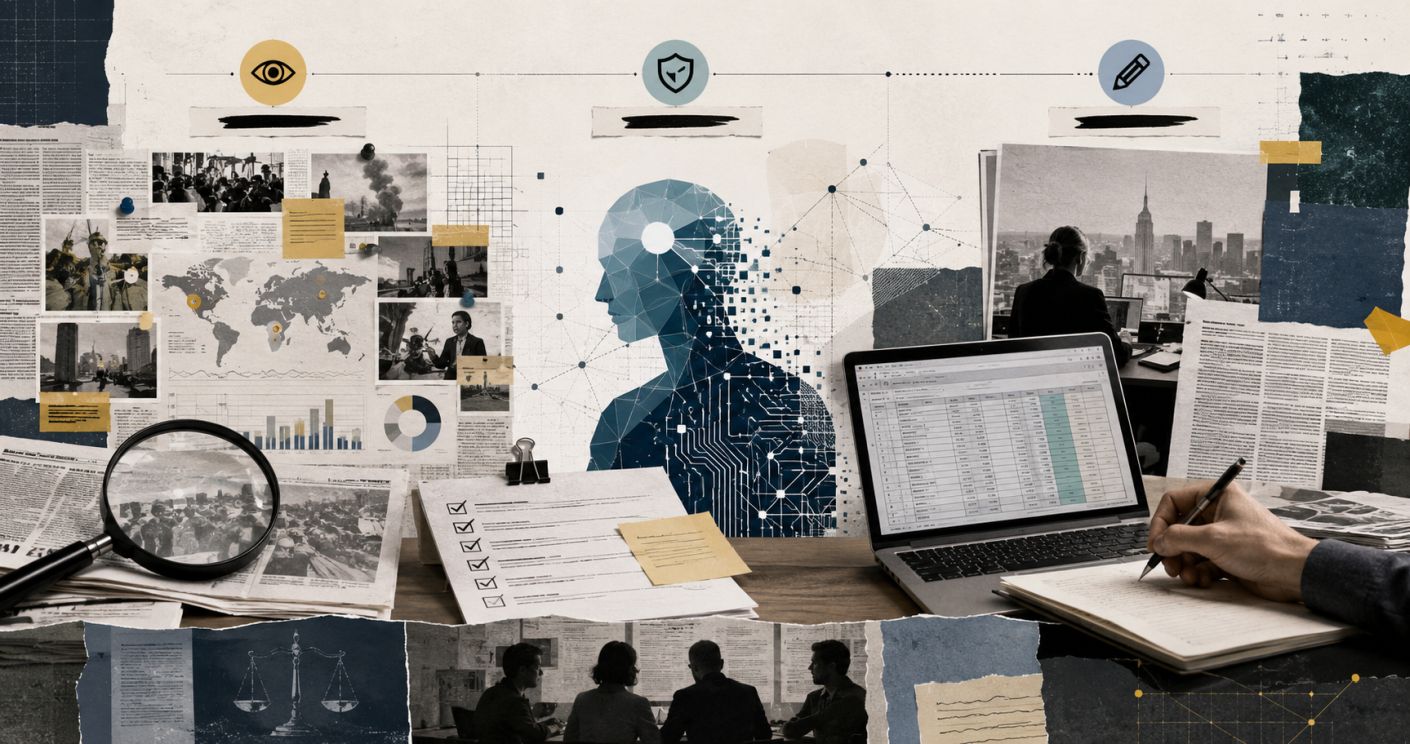 Collage aus Zeitungsartikeln, Grafiken und einem Laptop, der eine digitale Silhouette und Daten zeigt.