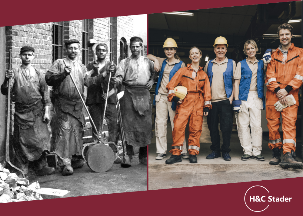 Historisches und modernes Team von Arbeitern in Arbeitskleidung, links schwarz-weiß, rechts farbig.