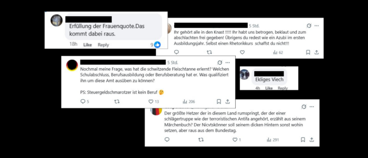 Screenshots von Kommentaren zu einem Community-Dilemma über Berufserfahrung und Frauenquote.