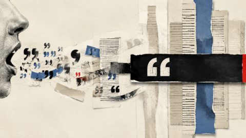 Collage mit einer sprechenden Person, aus deren Mund Zitate und Textfragmente in verschiedenen Farben strömen.
