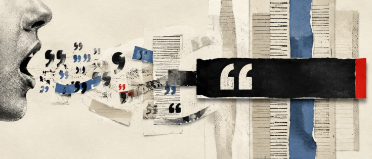 Collage mit einer sprechenden Person, aus deren Mund Zitate und Textfragmente in verschiedenen Farben strömen.