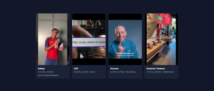 Vier Video-Thumbnails mit verschiedenen Inhalten: Sport, Event, Recruiting und Unterhaltung auf dunklem Hintergrund.