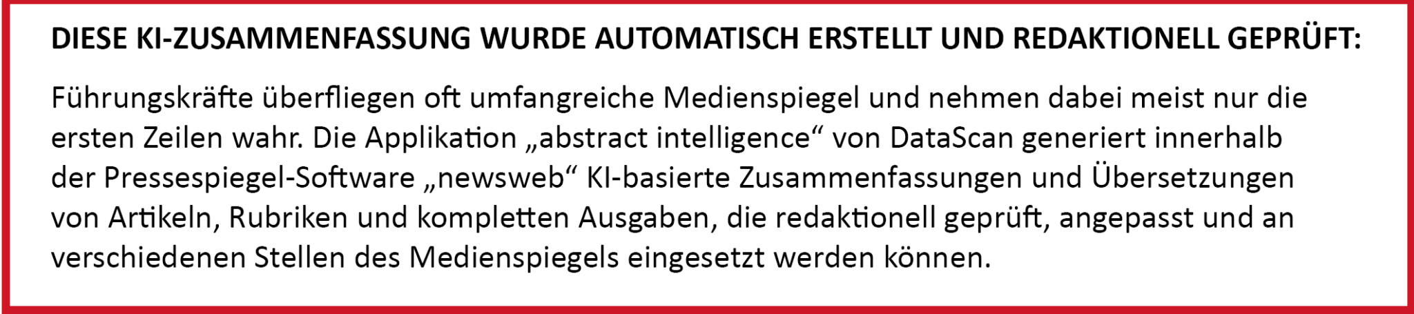 Abstracte grafische Darstellung mit KI-Elementen, umgeben von Text über automatisierte Medienzusammenfassungen.