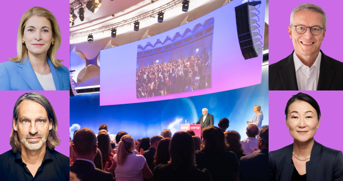 Die diesjährigen Keynote-Speaker (v.l.n.r.v.o.n.u.): Evelyn Palla, Richard David Precht, Karsten Wildberger, Feiyu Xu © Christoph Soeder/Deutsche Bahn, Christian O. Bruch, Woithe/BMDS