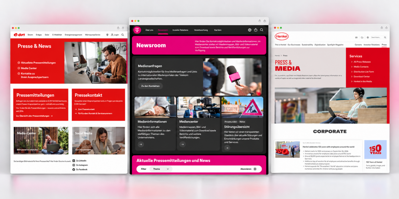 Im Vergleich schneiden die Presseportale von Deutscher Telekom, Henkel und Eon besonders gut ab. © Screenshots/Collage KI-generiert