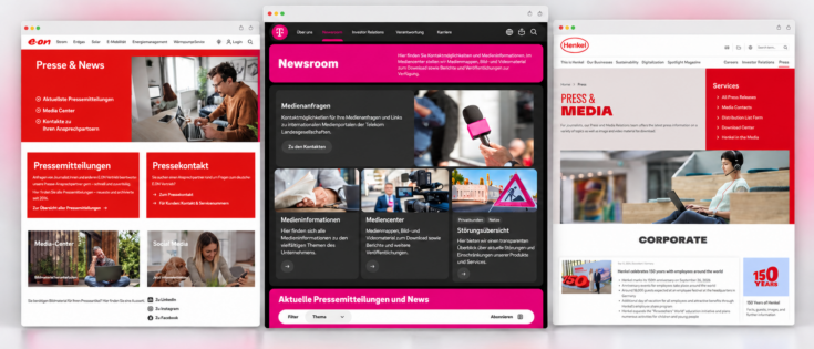 Drei Bildschirmansichten von Webseiten mit Presse- und Medieninformationen in verschiedenen Designs und Farben.