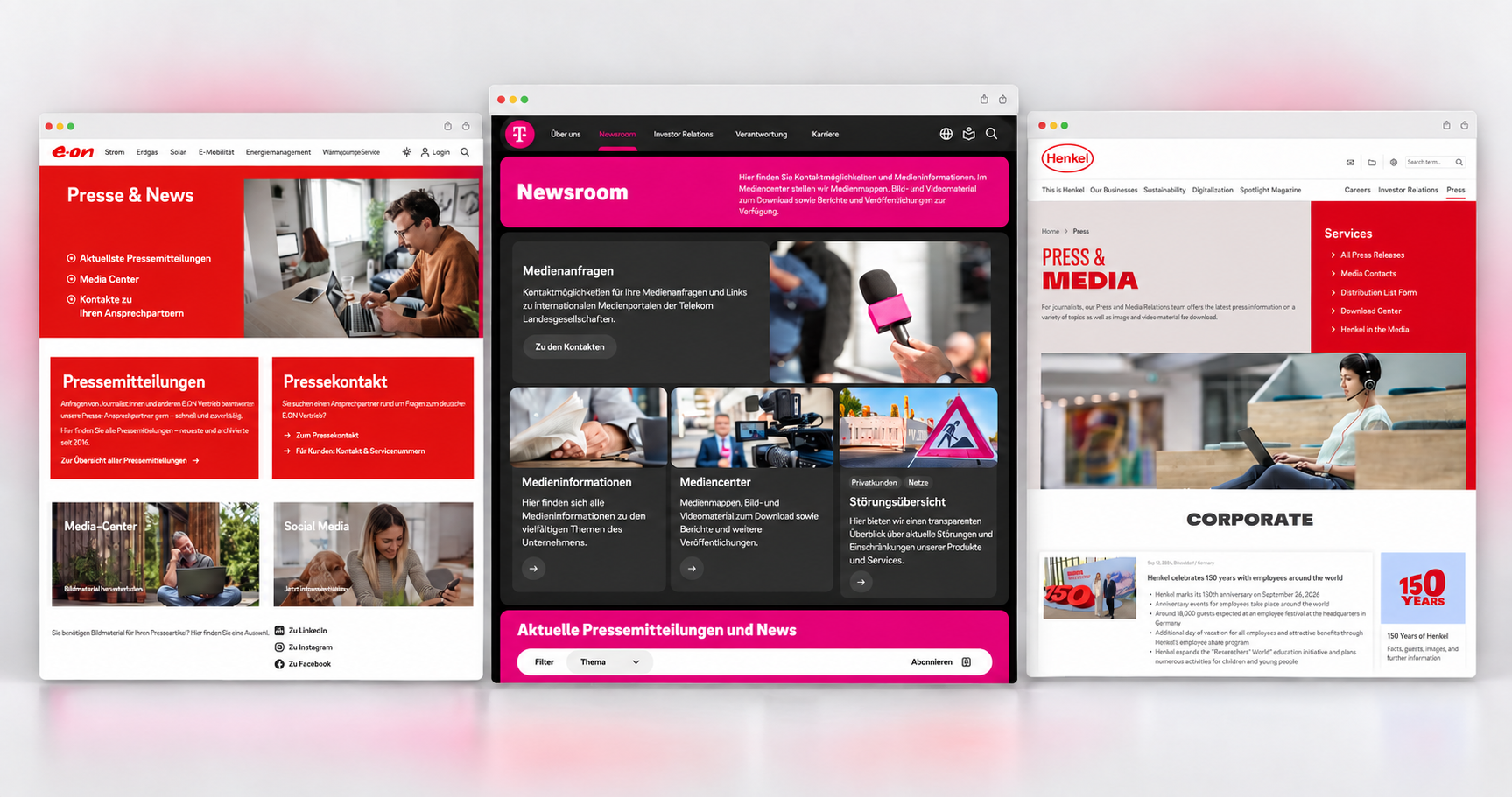 Drei Bildschirmansichten von Webseiten mit Presse- und Medieninformationen in verschiedenen Designs und Farben.