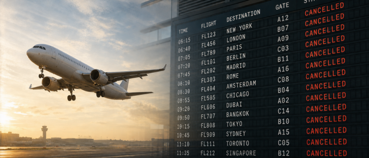 Flughafen mit abfliegendem Flugzeug und Anzeigetafel, auf der mehrere Flüge als "Cancelled" markiert sind.