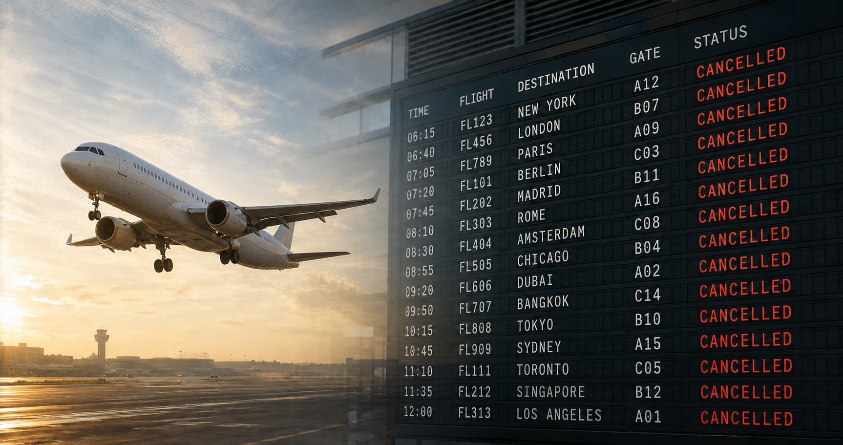 Flughafen mit abfliegendem Flugzeug und Anzeigetafel, auf der mehrere Flüge als "Cancelled" markiert sind.