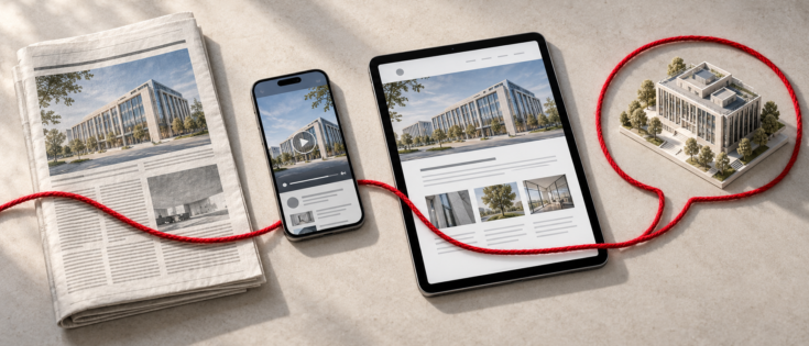 Ein Zeitungsartikel, ein Smartphone, ein Tablet und ein 3D-Modell eines Gebäudes, verbunden durch ein rotes Kabel.