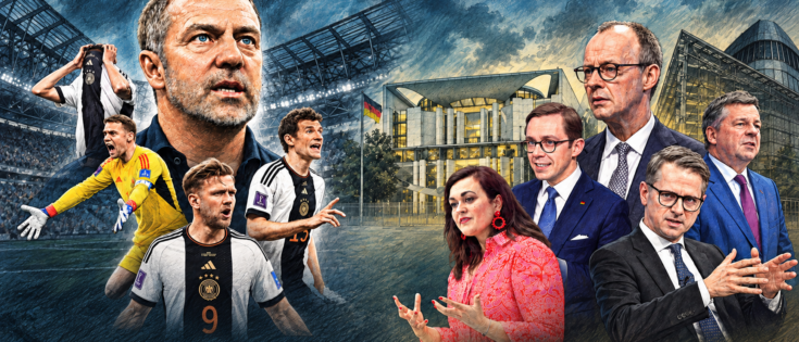 Nationalmannschaftsspieler und Politiker stehen vor dem Kanzleramt, im Hintergrund ein Stadion und dramatische Himmel.
