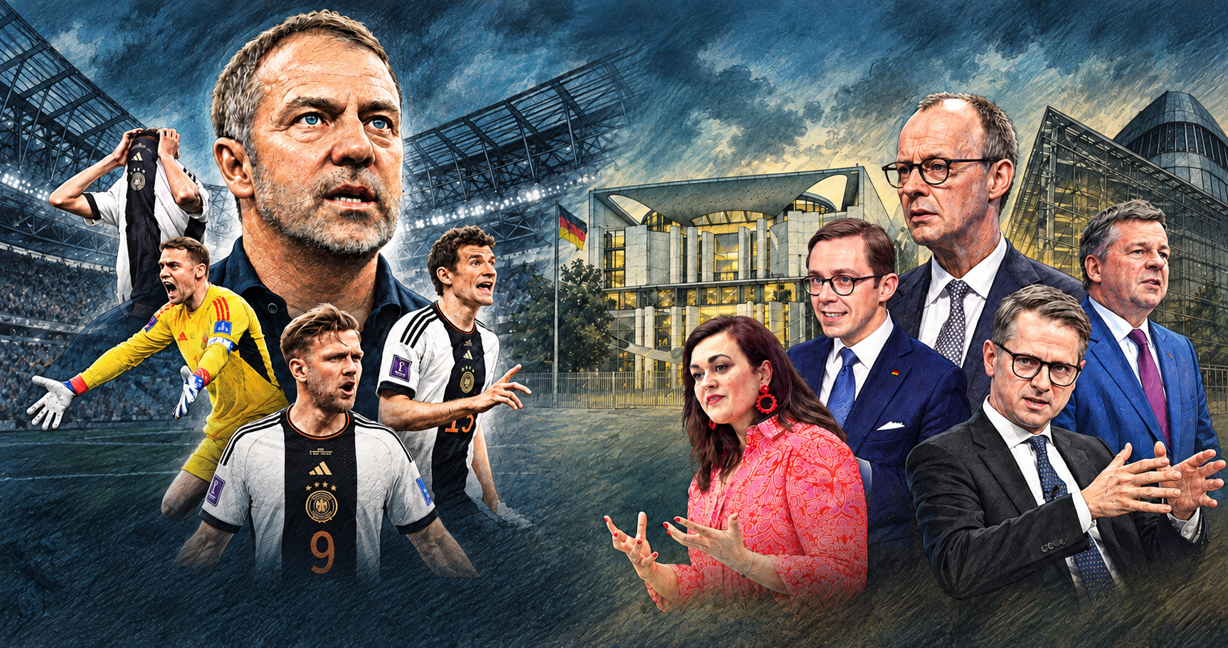 Nationalmannschaftsspieler und Politiker stehen vor dem Kanzleramt, im Hintergrund ein Stadion und dramatische Himmel.