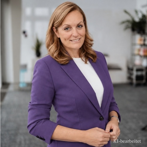 Frau mit blonden Haaren in lila Blazer, lächelt vor einem modernen, hellen Hintergrund.